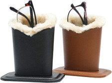 Plush Lined Eyeglass Holder PU Leather Glasses Stand Organizer 2 Pack Black Brow