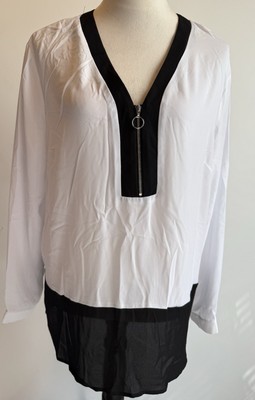 Jaclyn Smith Women s Tunic 1/2 Blouse NWT SZ XL White Black Sheer Long Sleeve