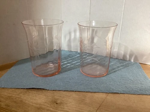 Vintage Hand-cut/carved Flower Pink Depression Drinking Glasses-set Of 2