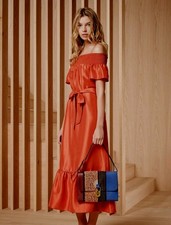 Tory Burch Off-The-Shoulder Smocked 100% Silk Midi Dress XS *NO BELT* Burnt Oran