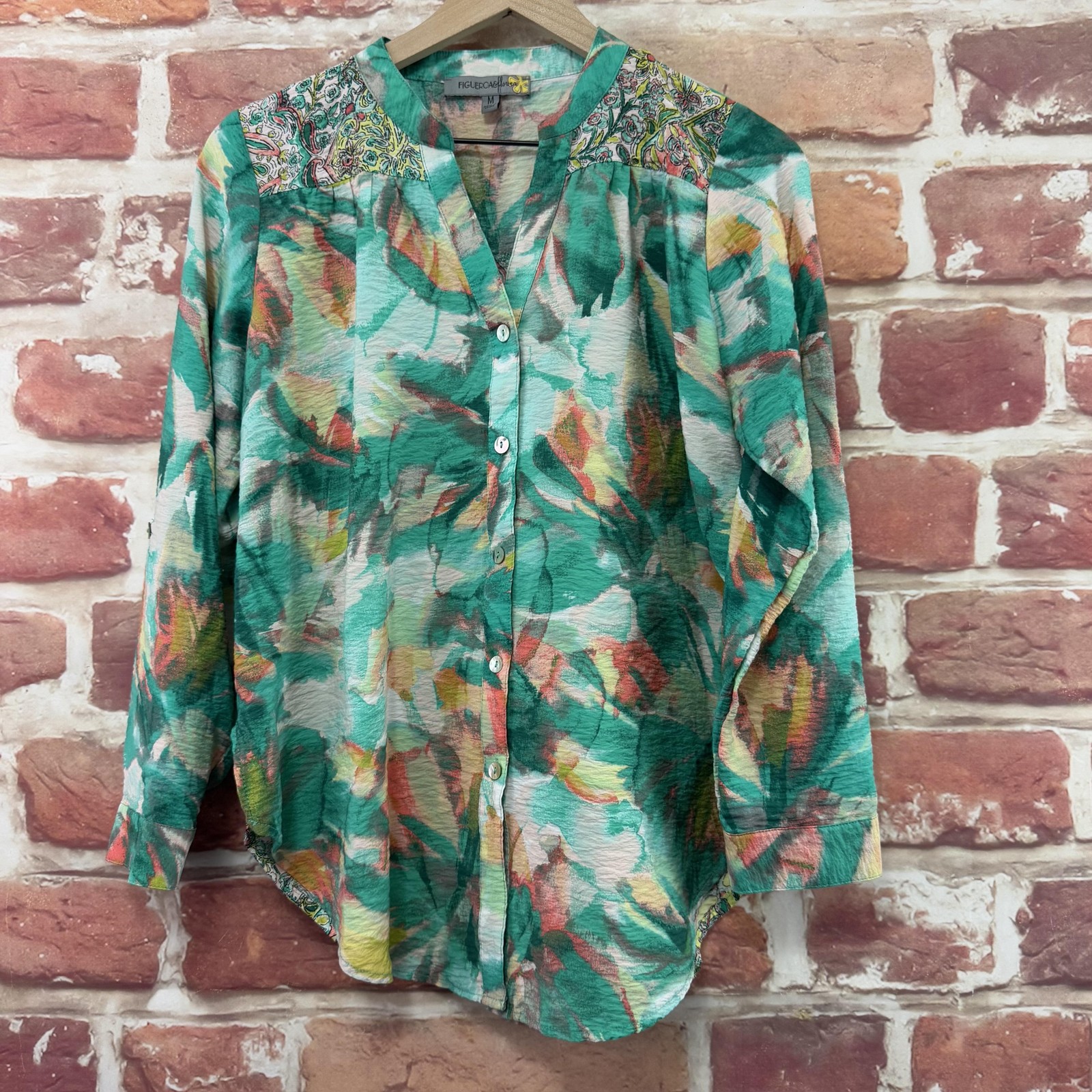 Figueroa & Flower Tunic Top Womens Medium Multicolor Boho Floral Button Shirt
