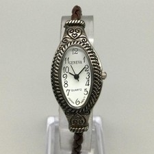 Geneva Womens Watch 21mm Oval Silver Tone Brown Braided Strap New Battery 7"