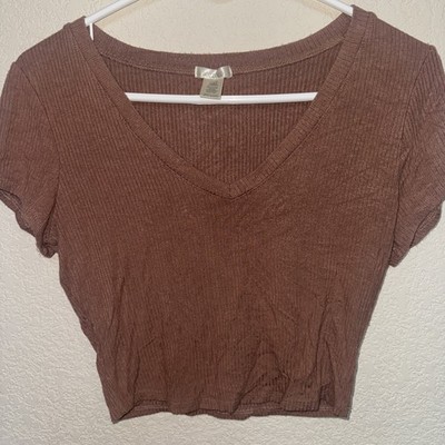 Bozollo Micro Ribbed V-neck T-shirt Size Large Crop Top