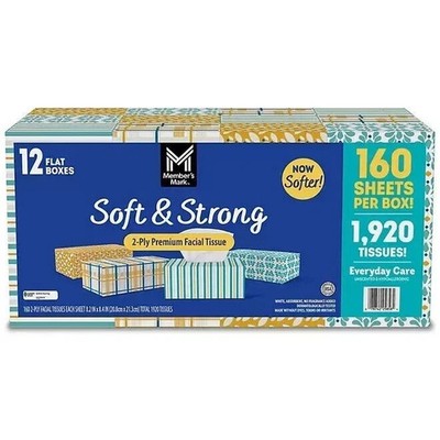 Member s Mark Soft & Strong 2-Ply Facial Tissues 12 Boxes 160 Ct Each Box.