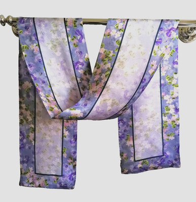 55''X13''Purple Flower Print Pure Mulberry Crepe Silk Long Scarf 140cmX35cm5-22