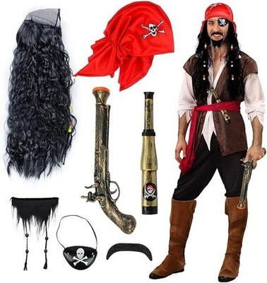 Men Women Pirate Carnival Accessories Set Pirate Fancy Dress Wig Mustache Beard