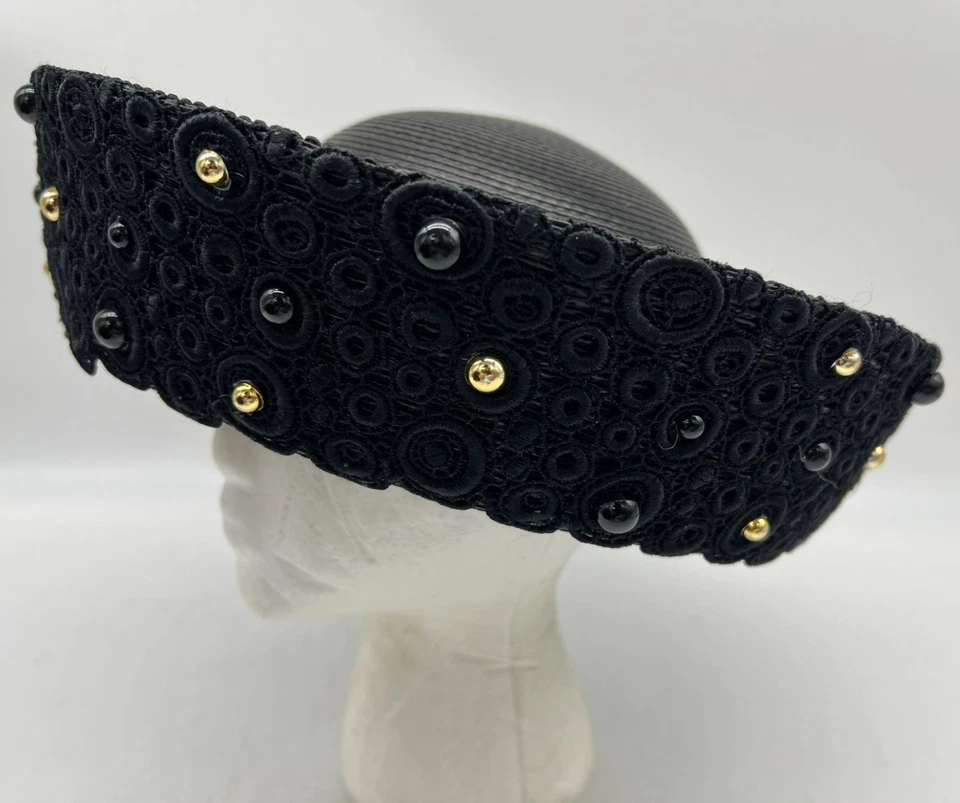 Vintage Women Wide Brim Hat Black Beaded Lace Classic Retro Decorative Headpiece - Image 3 of 4