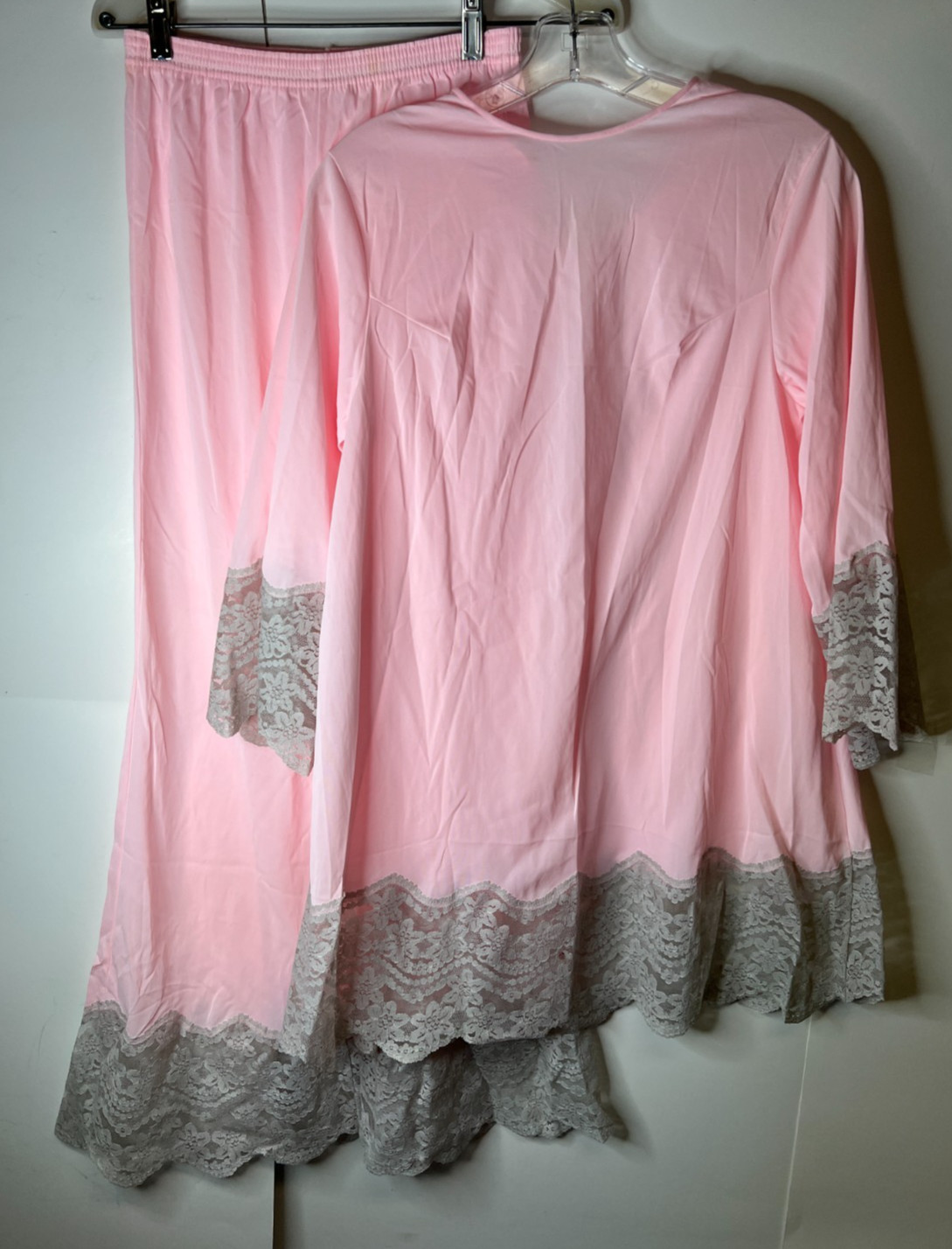 Vintage Women's Size Small Pink Nylon 2 Piece Pajama Set Lace Hem Flare Pants