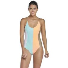 PilyQ Farrah Sandstone Colorblock Stripe Halter One Piece Swimsuit S Blue Orange