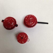 Vintage Doll House Miniatures 6pc Red Enamelware Cookware with Lid 1in to 1.5in 