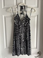 XS Express Gray Leopard Sundress Halter Mini Dress Animal Print Cute Black Slip 