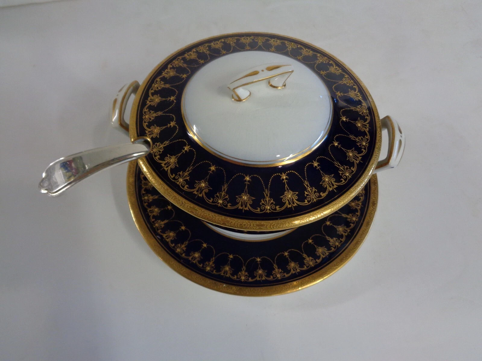 Antique Royal Worcester Sauce Tureen & EPNS Ladle - Hand Painted
