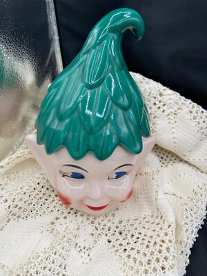 Pixie Elf Head Cookie Jar With Green  Hat Vintage Ceramic