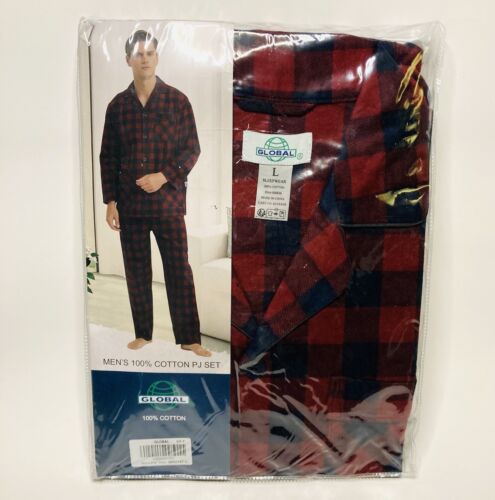 Global Men's 2 Piece Pajama Set 100% Cotton RED BUFFALO PLAID Size: Large NEW