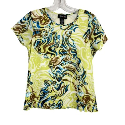 Vintage Y2K Funky Print Mesh Lettuce Hem Short Sleeve Top - Size Small