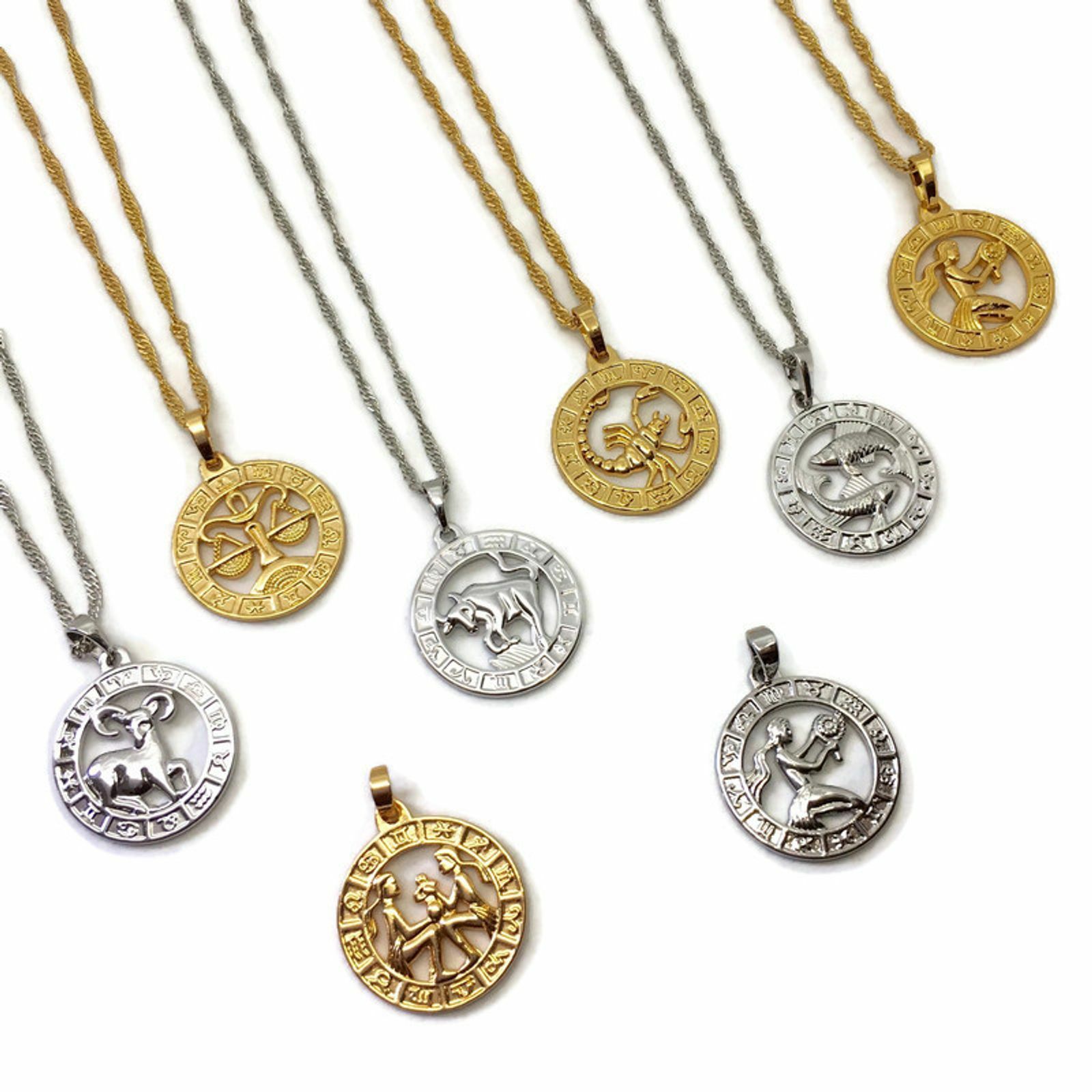 Collar Círculo Acero Inoxidable Horóscopo l GRATIS UK POST Oro Plata Zodiaco Moneda