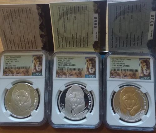 ALL 3 PERFECT NGC70 999 2017 Chad Lion 3 Piece Silver Set Business & Gilt Proof