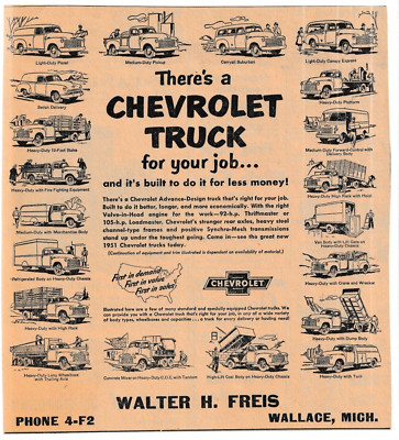 WALTER FREIS CHEVROLET ADVANCE DESIGN LIGHT HEAVY DUTY TRUCK 1951 print ad *