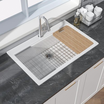 HOMLYLINK Drop-in Kitchen Sink 33'' w/ Cutting Board+Drying Rack Fireclay White