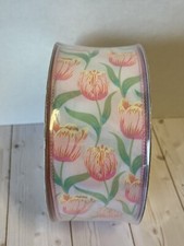 NEW one roll Member  s Mark wired edge ribbon 2.5" x 50 yards pink tulips