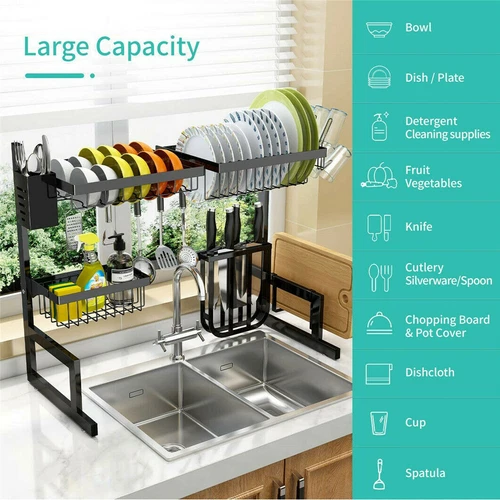 Over The Sink Dish Drying Rack 2-Tier Stainless Steel Kitchen Dish Drainer Black - Picture 14 of 14