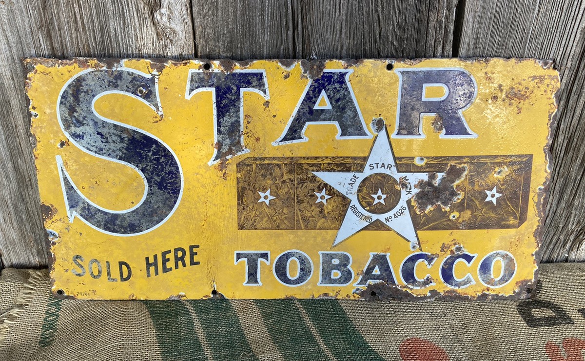 star tobacco porcelain sign Vtg Store Display Porcelain Sign Star Tobacco Sold Here 12” X 24” Trade Mark