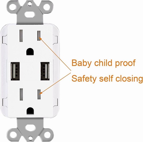 Cargador USB 3.1 A Salida de Pared Receptáculo Doble de Alta Velocidad 15 Amp, Blanco 10 Paquete - Imagen 3 de 7