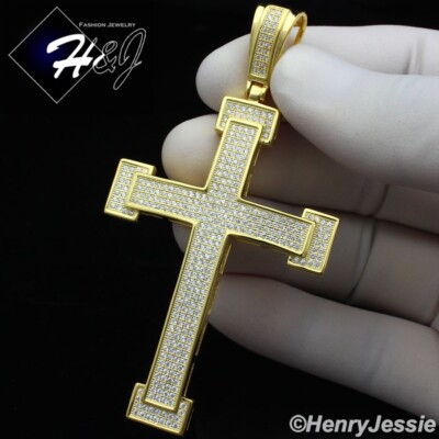 MEN 925 STERLING SILVER ICY BLING CZ GOLD PLATED 3D BIG CROSS PENDANT ...