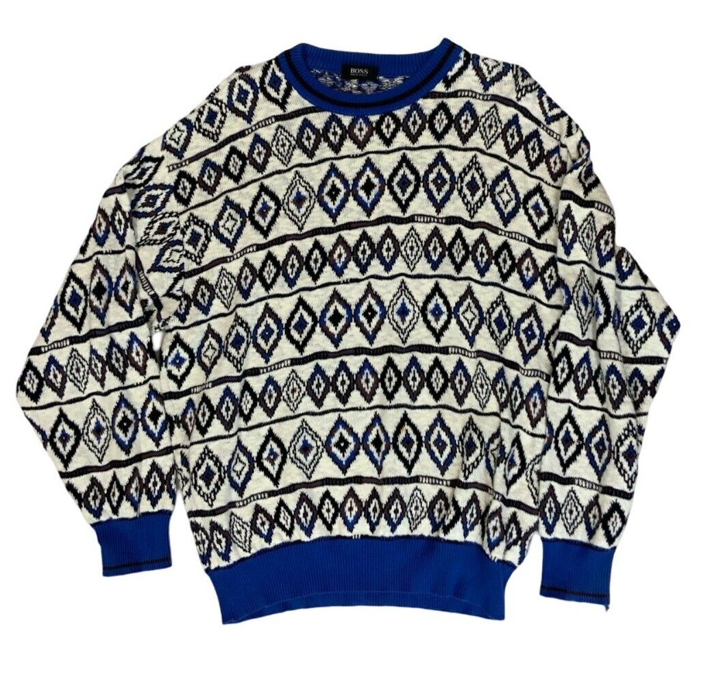 VTG 80s 90s HUGO BOSS WHITE BLUE DIAMOND CREW NECK KNIT JUMPER