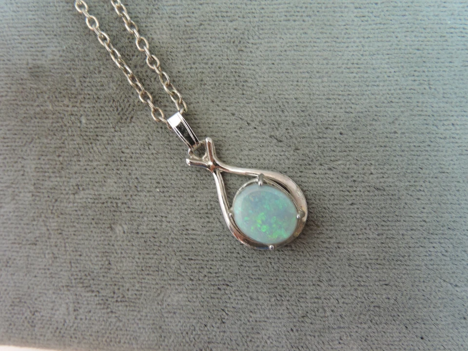 Blu Verde Fiery Opale Pendente Solitario 18 " Color Argento Catenina CD 35.12 - Immagine 2 di 4