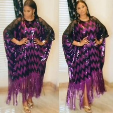 African Dashiki Evening Party Gown Women Loose Batwing Sleeve Sequin Dresses New