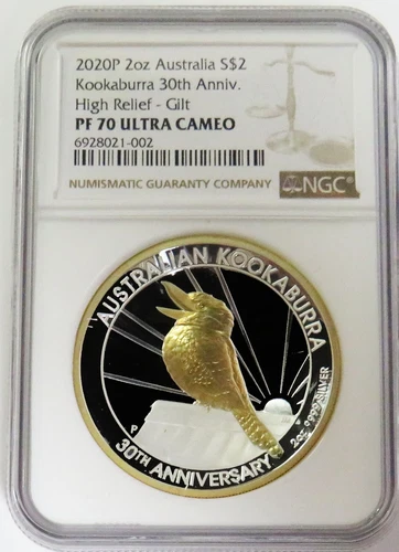2020 P SILVER AUSTRALIA 2 OZ KOOKABURRA 30TH ANNIV GILT HIGH RELIEF NGC PF 70 UC