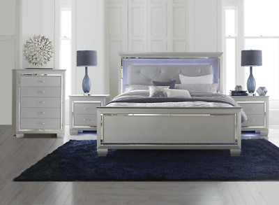 NEW Silver LED 3PC Queen or King Modern Bedroom Set - Bed, Nightstand, Chest
