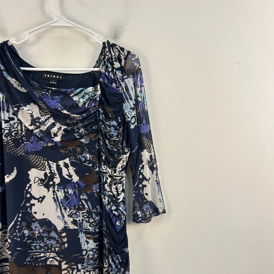 Blusa grande tribal para mujer Top azul negro malla manga 3/4 pulóver forrado 23171 Foto 3 de 4