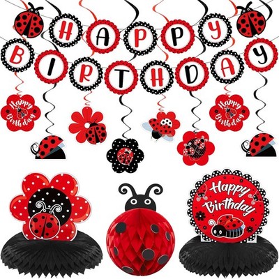 Ladybug Fancy Party Decoration Kit - Cute Birthday Banner, Honeycomb Red 