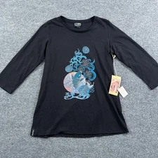 Citron 3.33 Shirt Womens Large Black Koi Fish Graphic Tee Made USA 3/4 Sleeve *