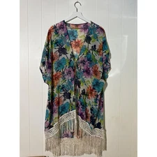 Floral Kimono Cover-Up With Fringe Hem & Tie Closure Multiple Colors M/L
