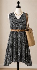 Nine West XL Black White Floral Fit & Flare Midi Dress Sleeveless V-Neck Boho