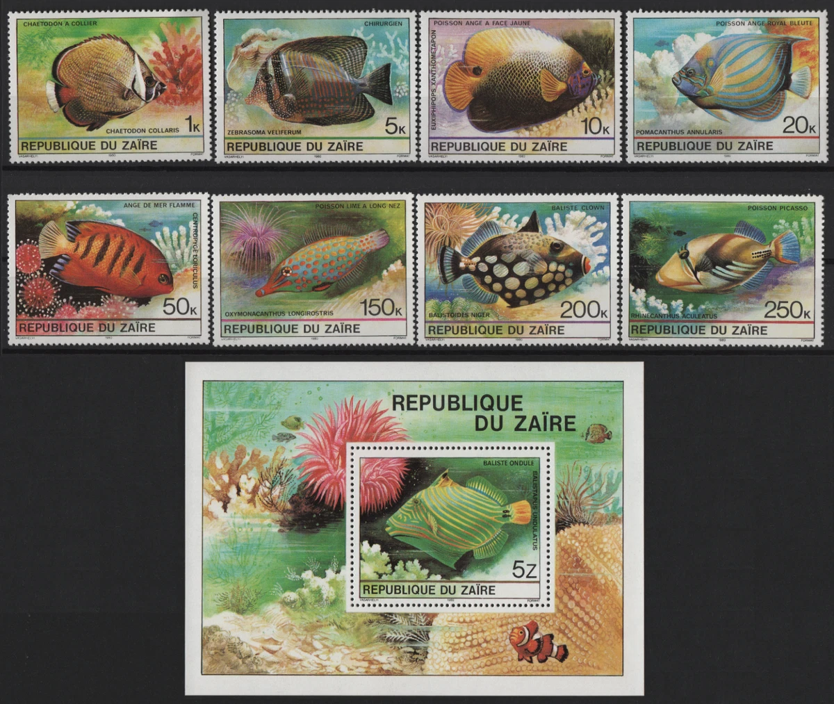 Set + Folleto de la serie "Peces tropicales", 1980 - Zaire - Estampillada sin montar o nunca montada ** [Zai02]