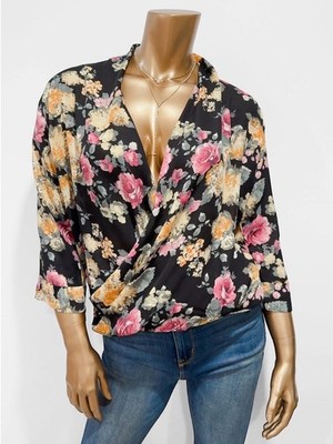 Free Press Black Floral Print 3/4 Sleeve Plunge Wrap Front Blouse Top Size XS