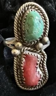 Vtg  Dead Pawn Navajo Silver Ring, Turquoise & Red Coral, Size 6.75. 8 gms