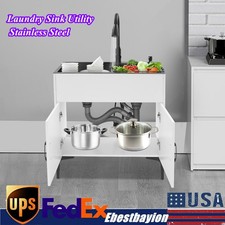 Pull-Out Sprayer Faucet Utility Sink  Stainless Steel Laundry Sink with Cabinet