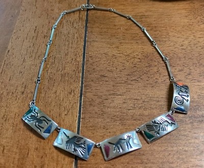 Beautiful Vintage Nazca Lines Sterling Peru Genuine Gemstone Necklace