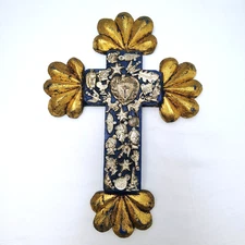Mexican Milagros Wood Cross Blue Gold Folk Art Christian Catholic Handmade 10”