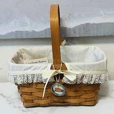 Vtg 1990 LONGABERGER Spring Basket SIGNED Muslin Lace Lined Homestead Charm