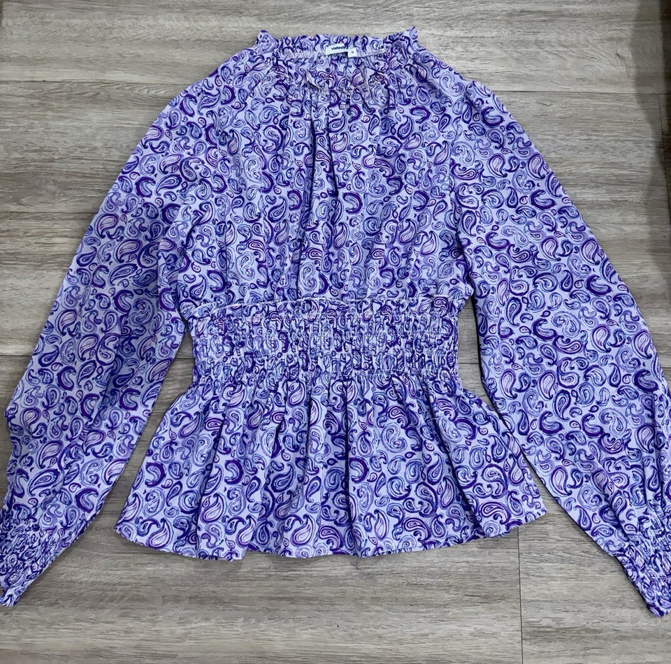 Valleygirl Women’s Size 12 Purple Paisley Peplum V-Neck Smocked Blouse