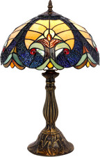 Tiffany Style Stained Glass Bedside Lamp - Blue Yellow 12x12x18 Inches