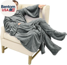 Wearable Fleece Blanket with Sleeves and Foot Pockets for Adult Women Men, Micro