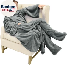 Wearable Fleece Blanket with Sleeves and Foot Pockets for Adult Women Men, Micro