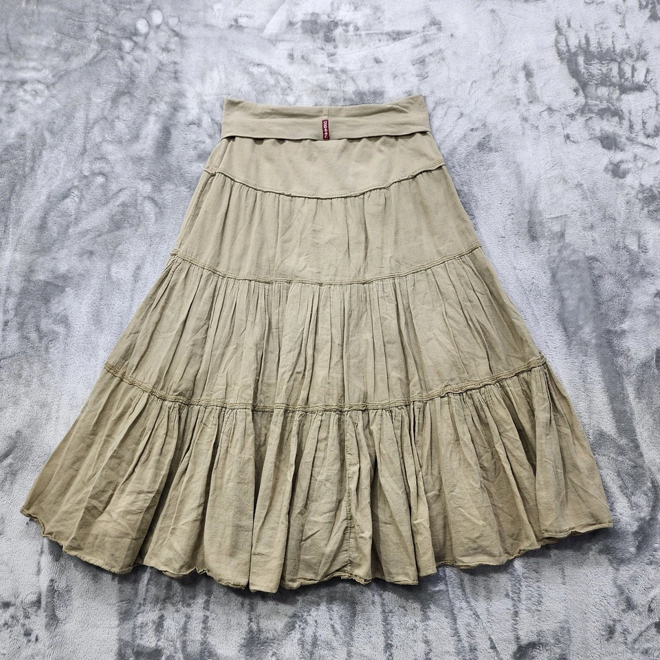 Hard Tail Skirt Womens S Tan Rolldown 4 Tier Midi Cotton Pull On Boho Casual  - Image 2 of 4